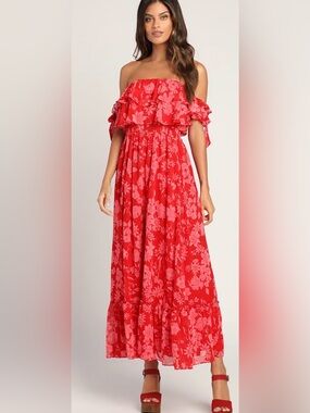 Lulus NWT Red Floral Off Shoulder Maxi Dress Elastic Sleeve Romantic Boho Medium